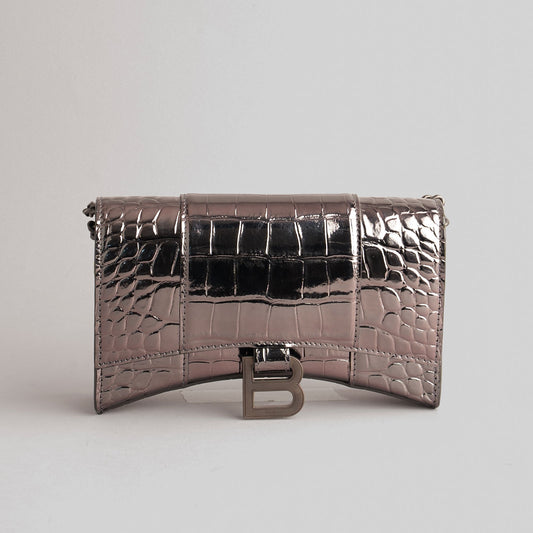 BALENCIAGA — Sac épaule en cuir embossée crocodile gris