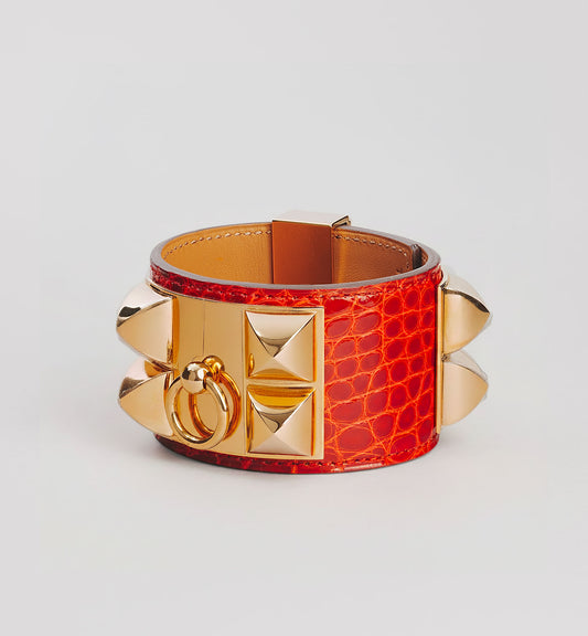 Manchette Hermès Collier de Chien Croco Rouge & Or