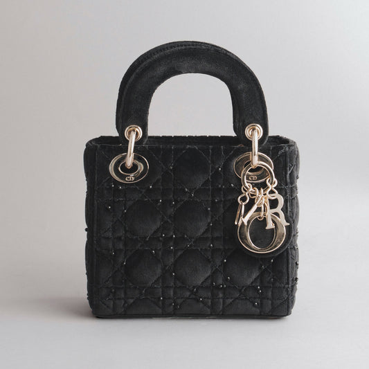 Sac à main lady velours cannage noir à studs argentés DIOR noir